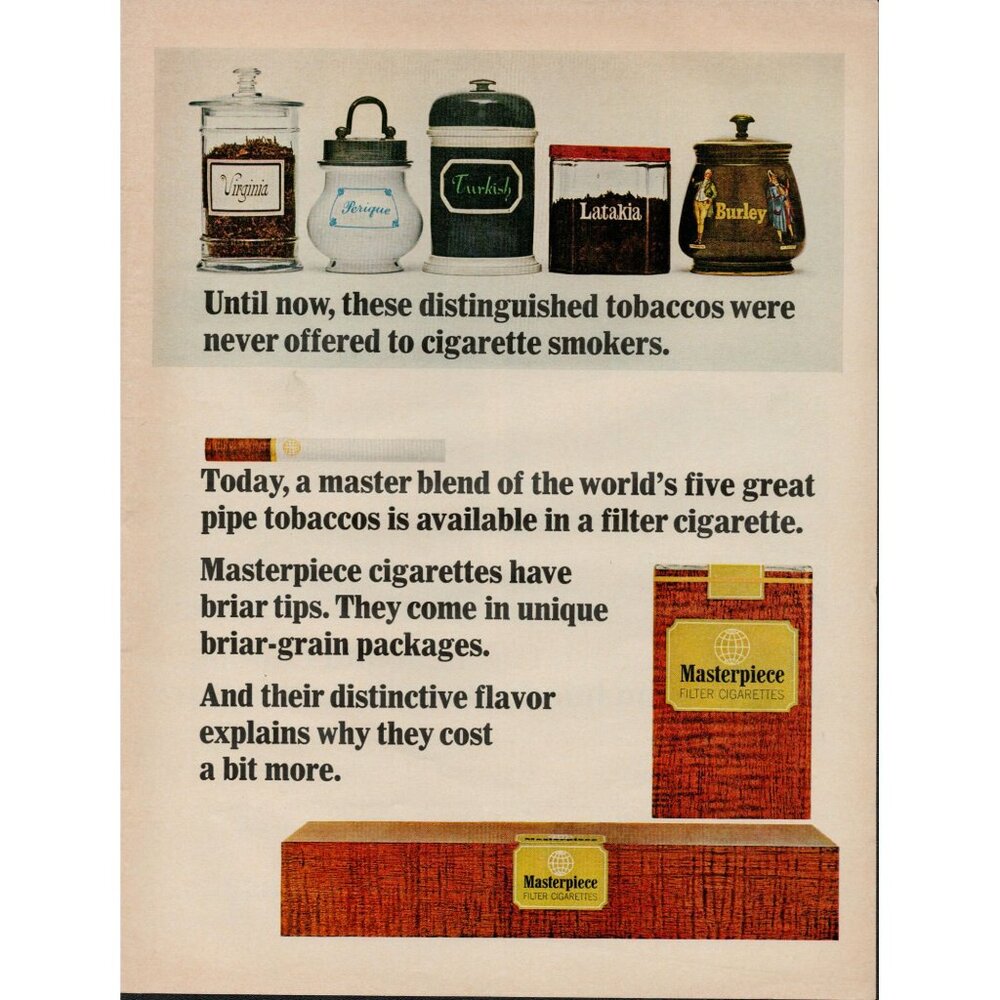 1965 Masterpiece Filter Cigarettes Vintage Print Ad (L21)